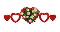 Line arrangement with pink rose flowers and red glitter hearts Royalty Free Stock Photo